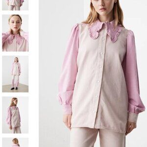 Ganni Womens Oversized Cutline Denim Jacket Top 32 Pink Long Sleeve NEW Button